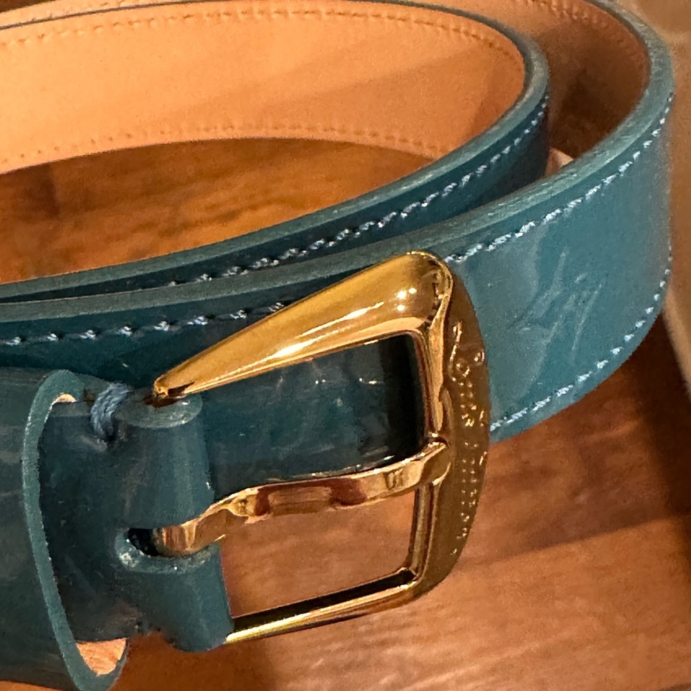 NEW; Louis Vuitton Phoenix 25MM Monogram Vernis patent leather belt in turquoise - Picture 2 of 15